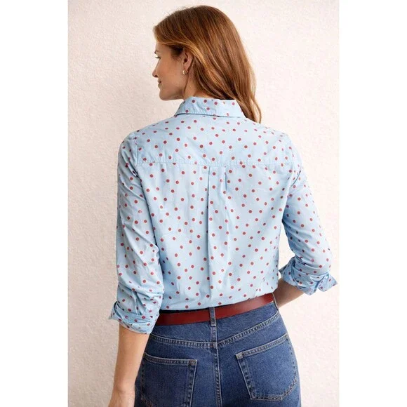 Boden Sienna Shirt 10 US Blue Red Polka Dot Button Up Cotton Classic Long Sleeve - Picture 7 of 13